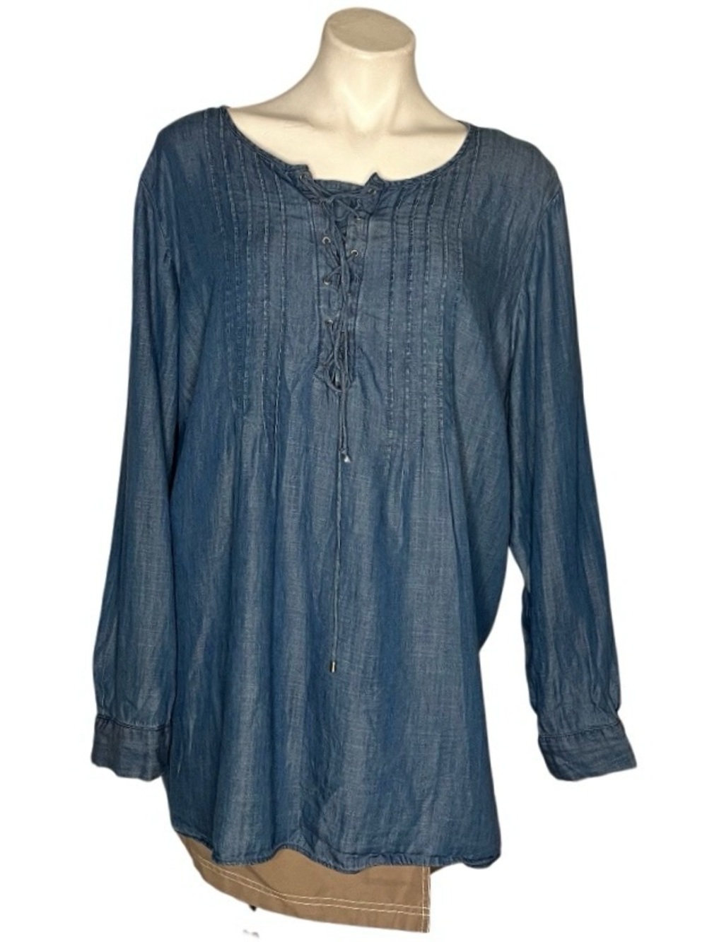 TALBOTS Blue Chambray Top Lace Up Neckline Soft Tencel Loose Fit Plus Size 3X